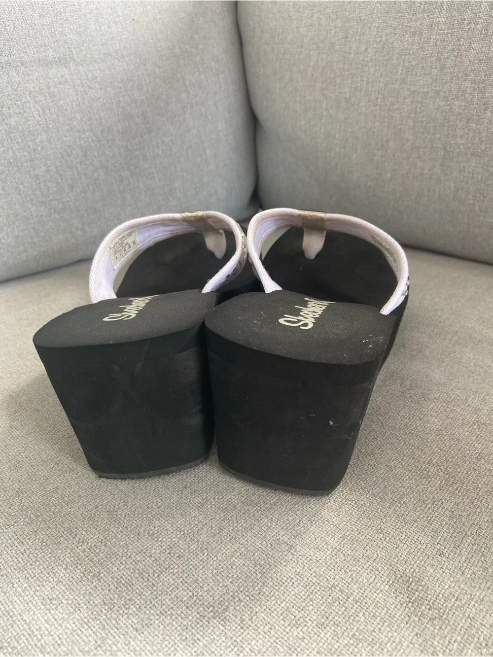 Skechers Black Platform Wedge Thongs with White Studded Straps